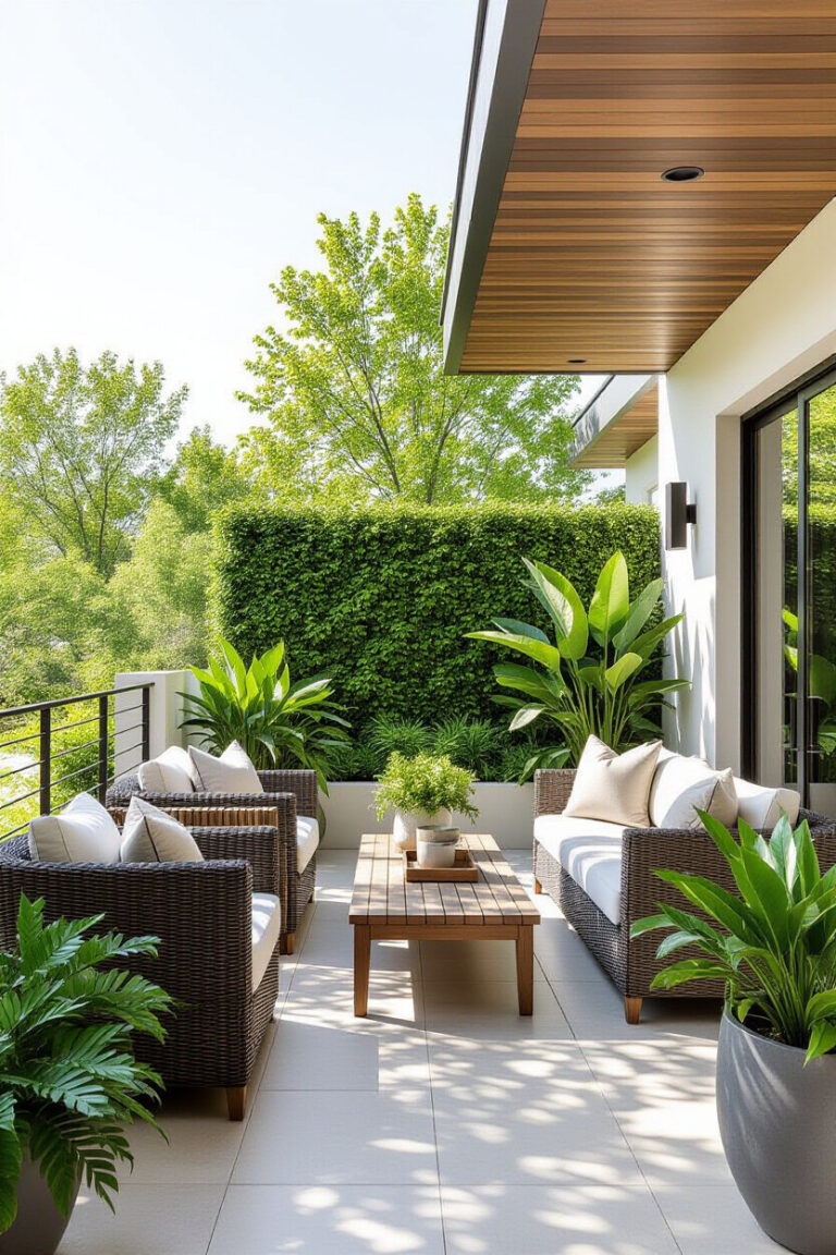 Stylish terrace with modern furniture and greenery